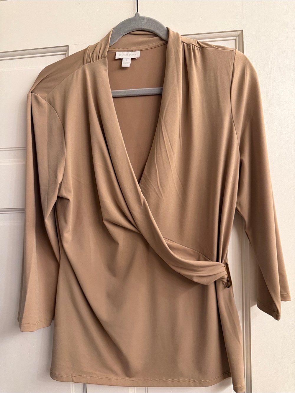 Charter Club Wrap-Front Long Sleeve Dress Top - Tan